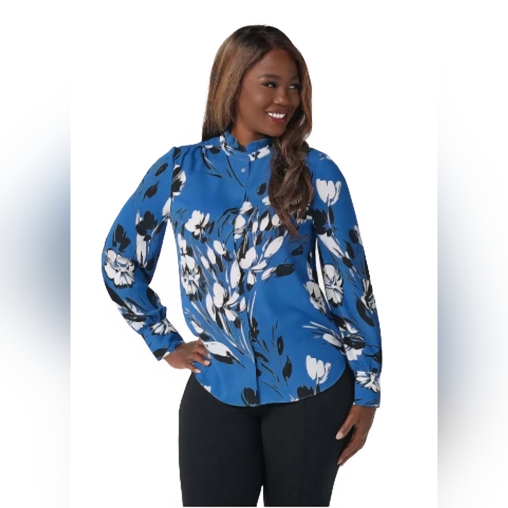 NYDJ women XL ruffle mock neck blouse cottagecore bloomcore boho career office